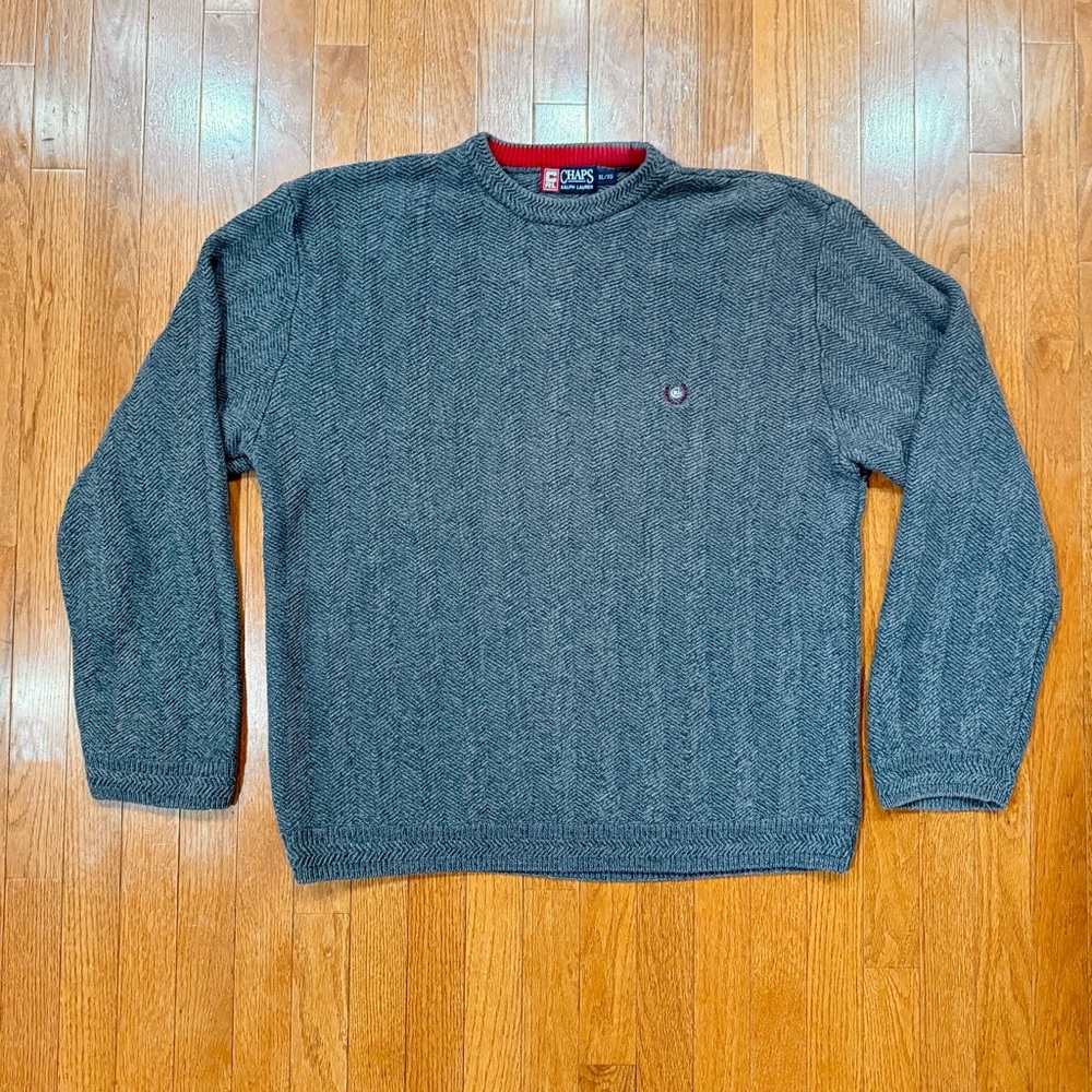 Vintage Y2k Chaps Ralph Lauren Sweater Mens XL Gray Herringbone Knit Cotton 90s
